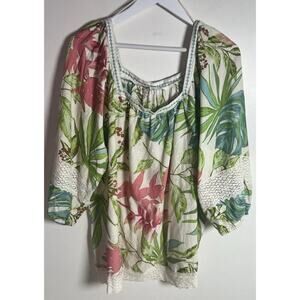 Nicole Miller Plus 1X Linen Blend Tropical Print Puff Sleeve Peasant Tunic Top
